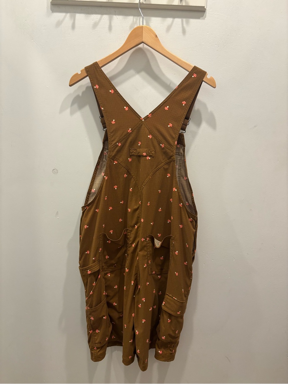 Duluth Trading Co Brown Overalls with Tiny Pink Mushroom Print - Picture 4 of 4